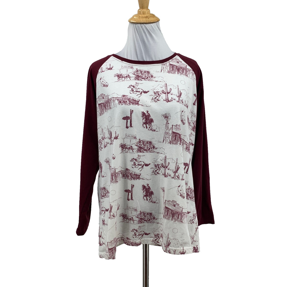 Ariat Shirt Womens L Large White Garnet Western Toile Raglan Long Sleeves Tee